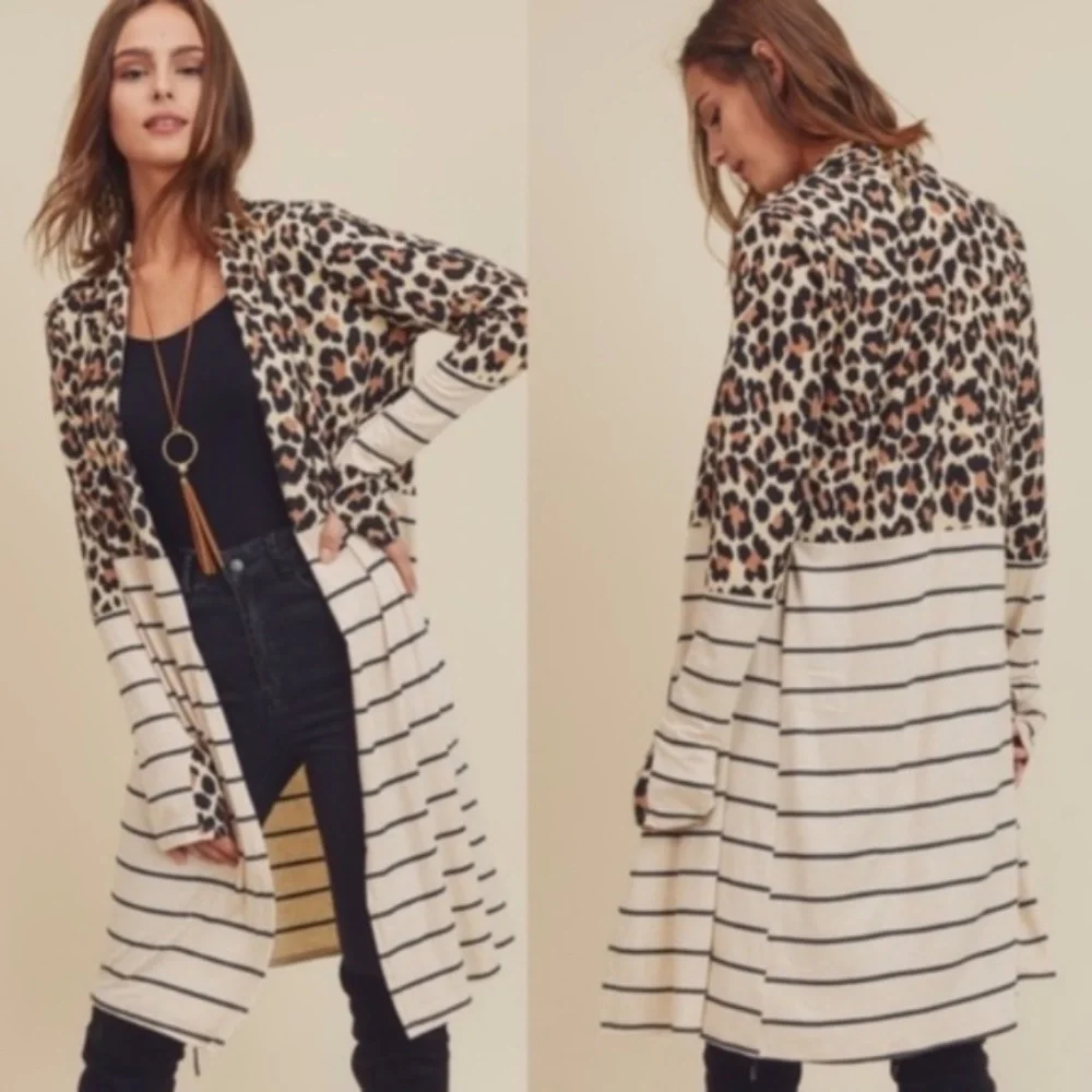 Cozy Leopard Print thumb hole sleeve stripes Cardigan - Picture 2 of 3